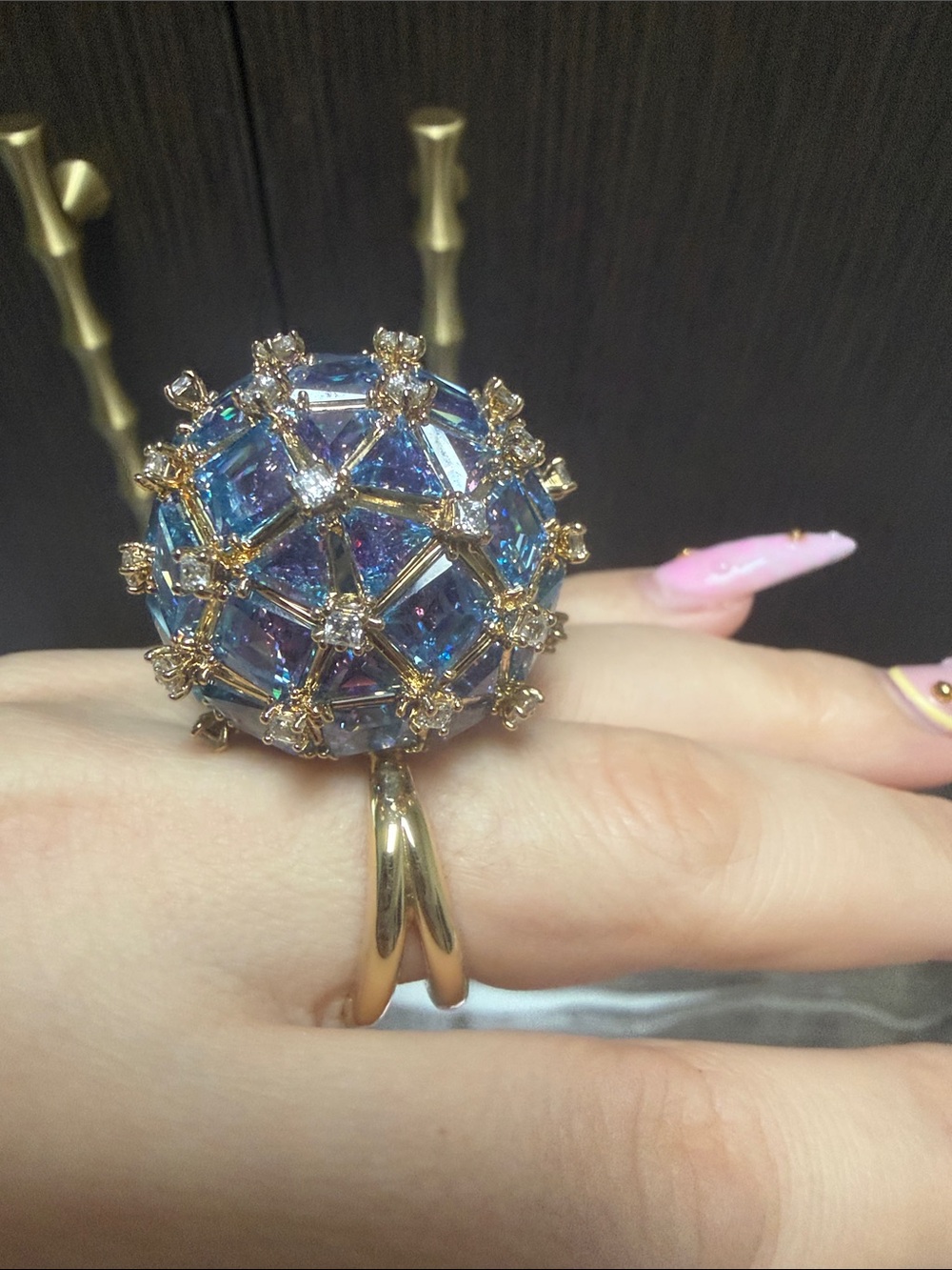 Swarovski Gold Ring with Iridescent Blue-Purple Crystal Dome - Picture 7 of 17